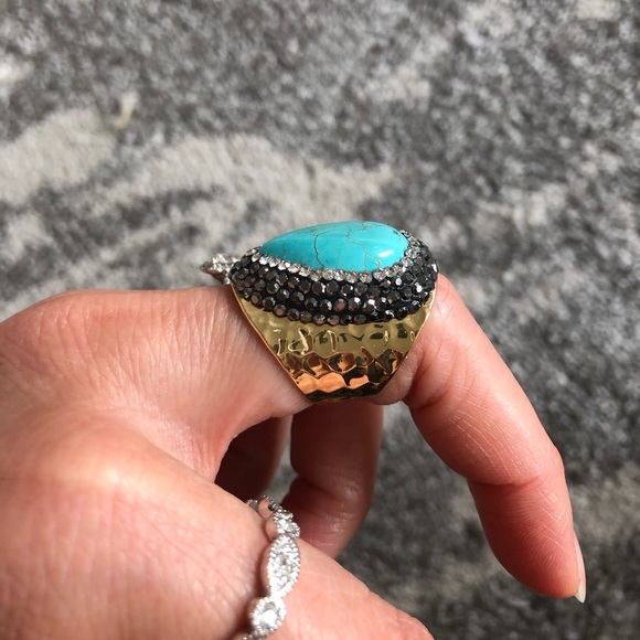 Bold Turquoise + Rhinestone Gold Plated Ring - Picture 4 of 8